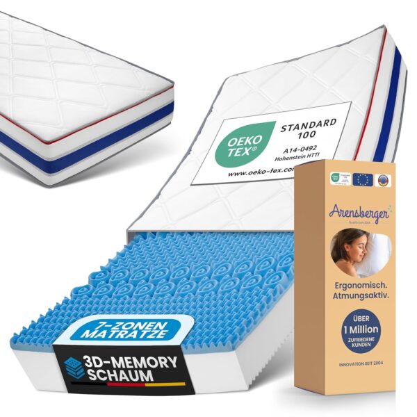 Arensberger® Relaxx 7-Zonen Matratze 27 cm 3D-Memory Foam & Gel-Kern