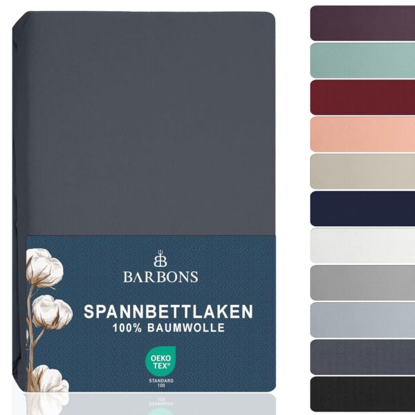 BARBONS Spannbetttuch 160x200 100% Baumwolle Jersey bis 27 cm Matratzenhöhe Dunkelgrau