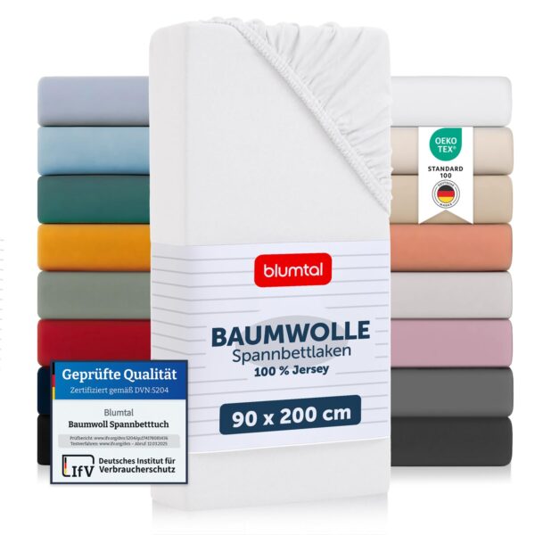 Blumtal Jersey Spannbetttuch 90x200 100% Baumwolle, bis 25 cm Matratze, weiß