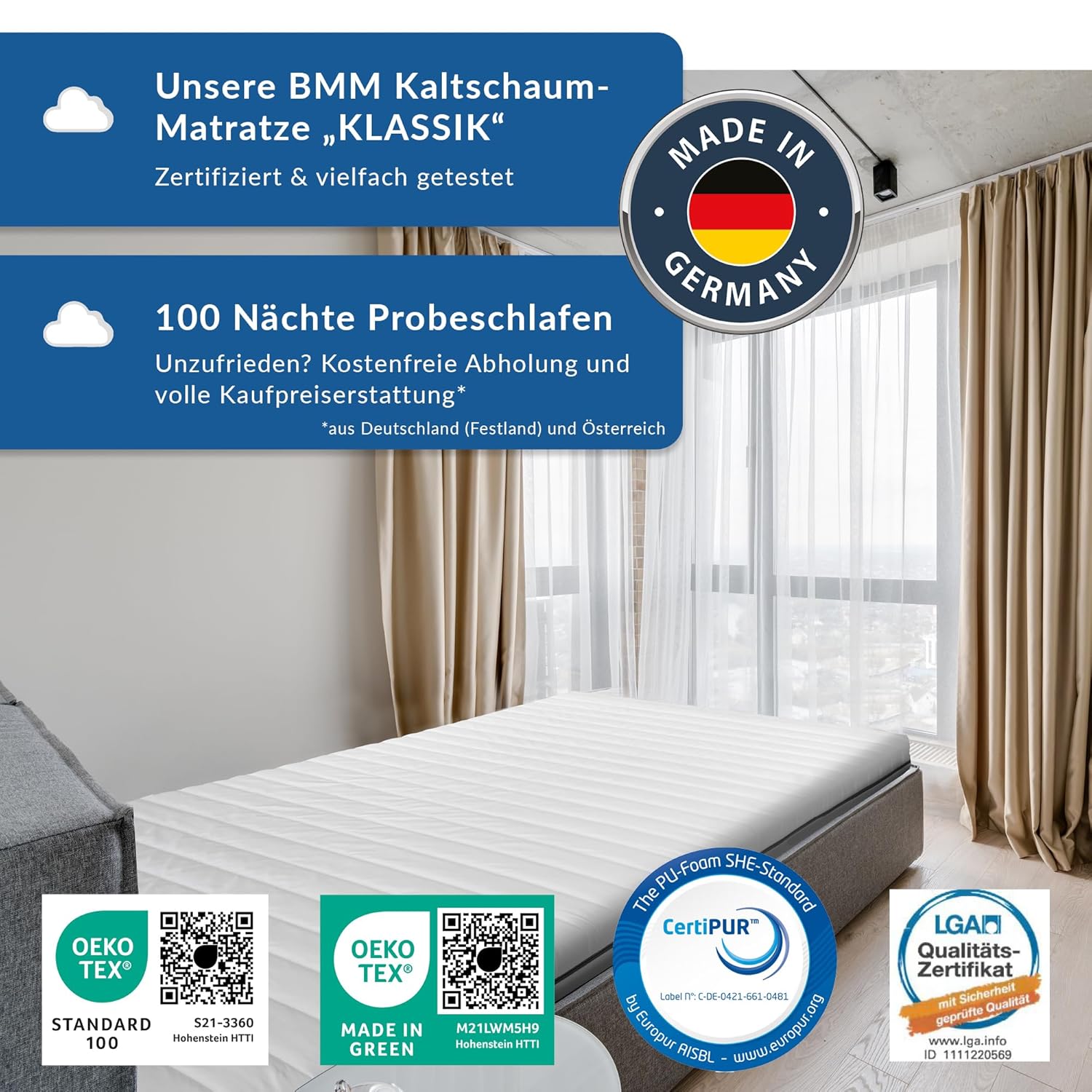 BMM Matratze 160x200 H4 Extra Fest 7-Zonen Kaltschaummatratze Oeko-Tex zertifiziert