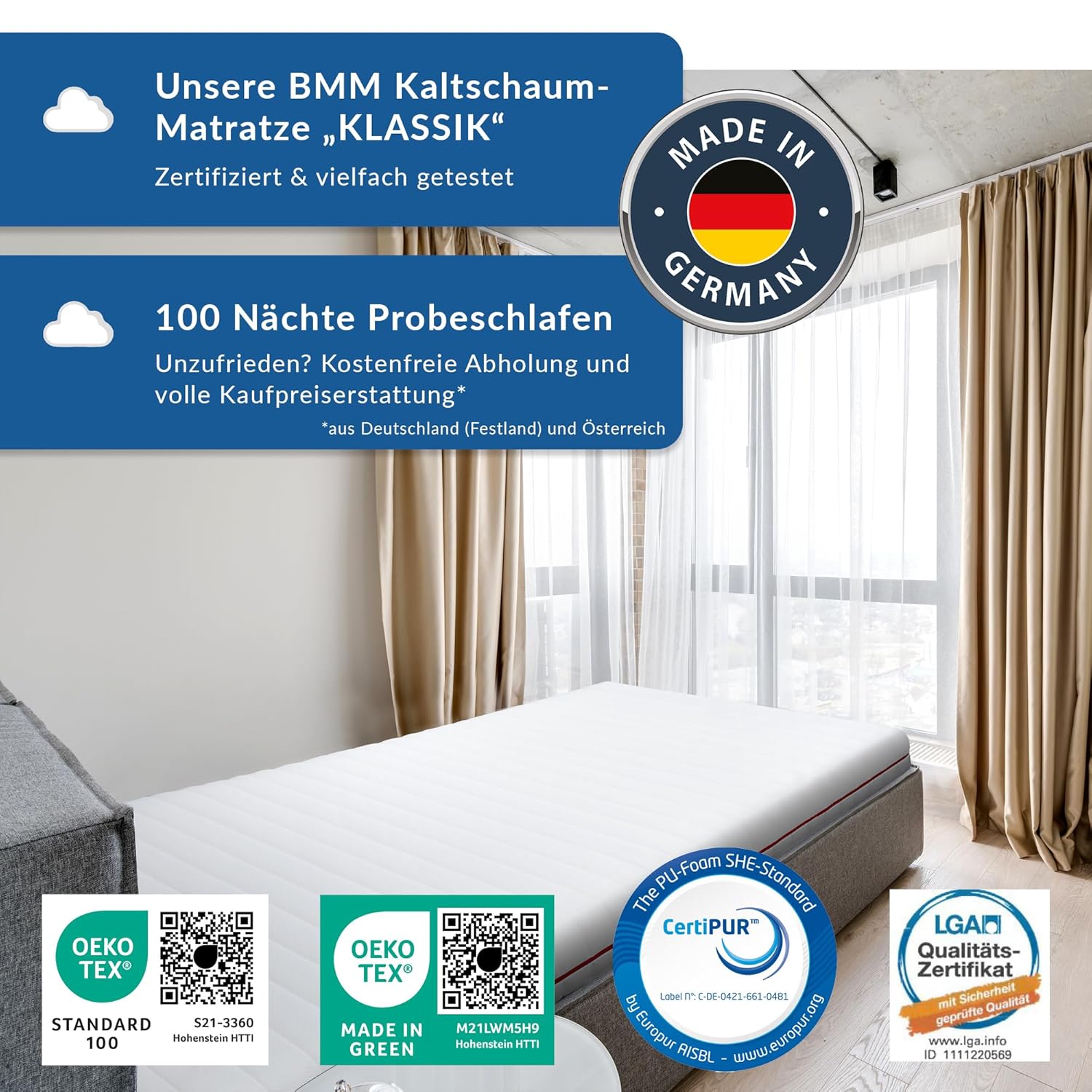 BMM Matratze 160x200 H5 7-Zonen Kaltschaummatratze Härtegrad 19, 19 cm hoch, Oeko-Tex