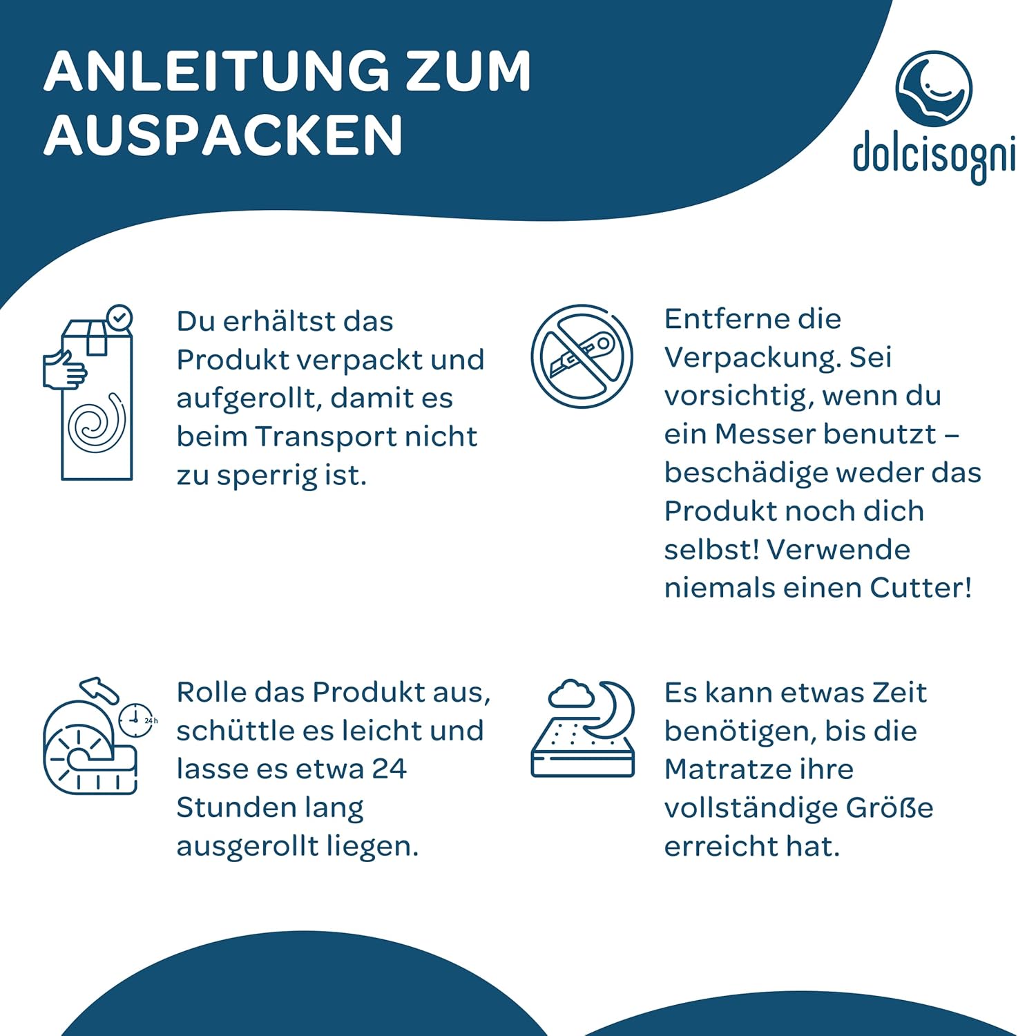 DOLCI SOGNI Topper 100% Memory Foam 120x190 cm, 5 cm, kühlender Bezug, Made in Italy