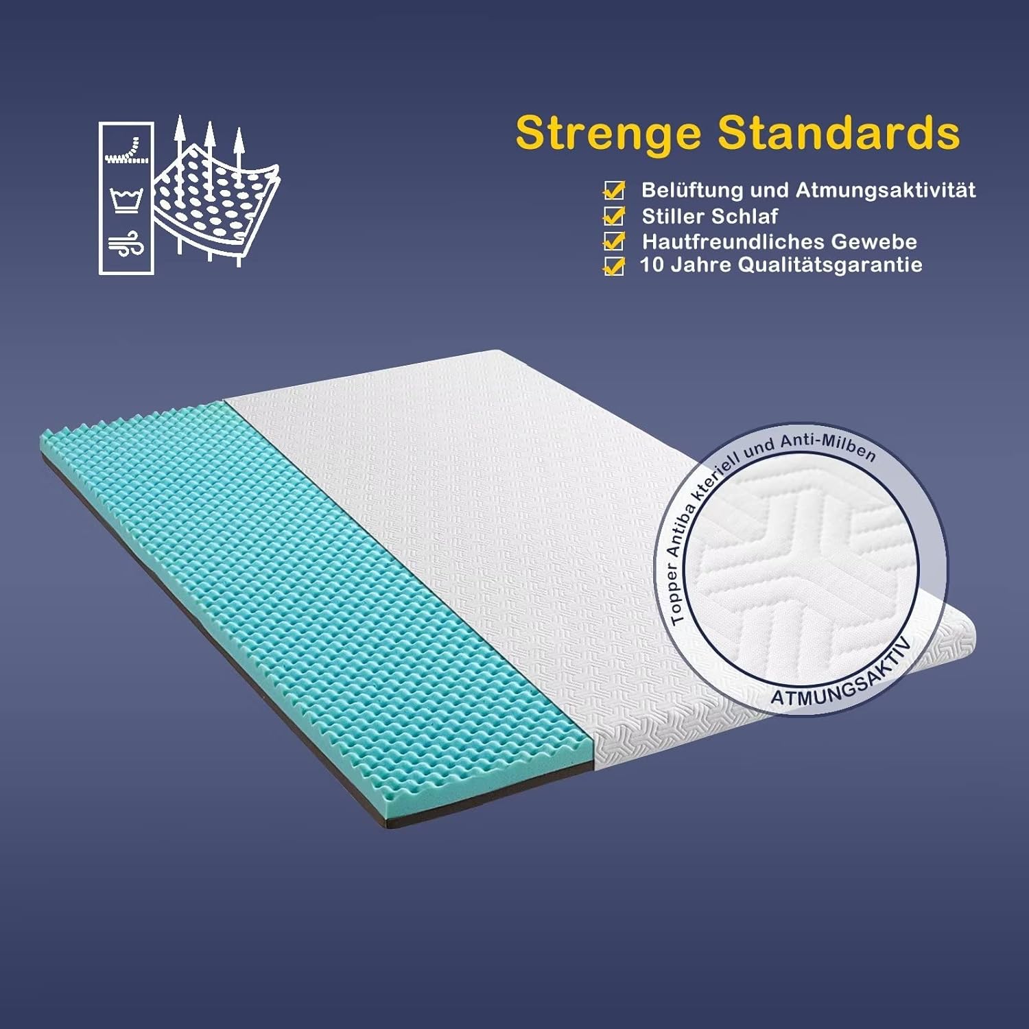 Memory Gel Schaummatratze Topper H2/H3, 180x200 cm, 7,5 cm, Oeko-Tex®