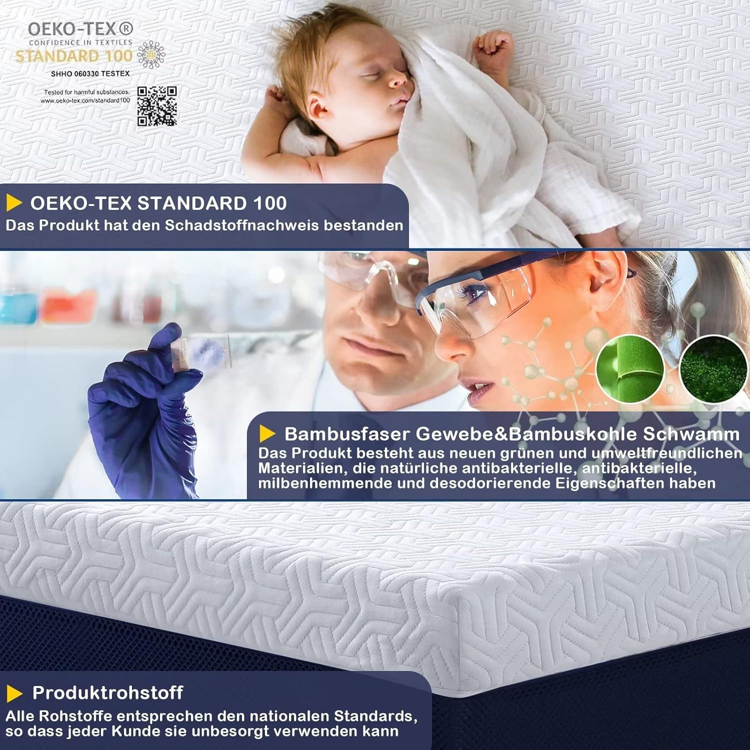 Memory Gel Schaummatratze Topper H2/H3, 180x200 cm, 7,5 cm, Oeko-Tex®