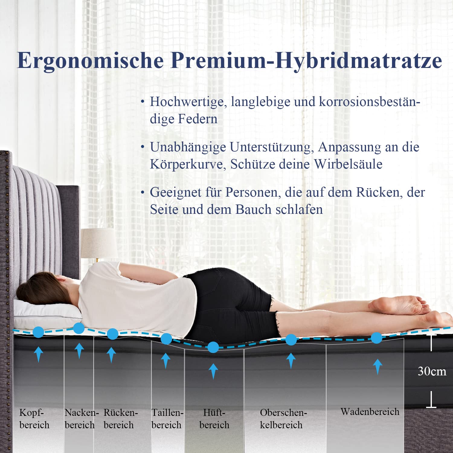 SuiLong Matratze 7-Zonen 1000 Taschenfedern 160x200x30 cm Rückenentlastung