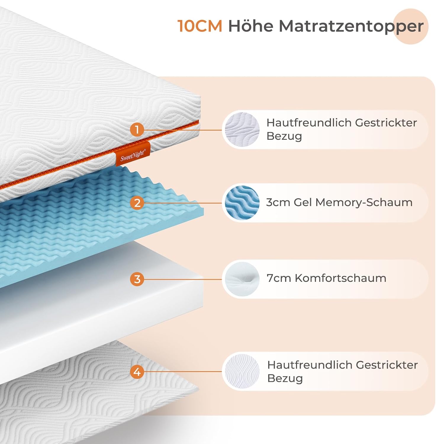 Sweetnight Matratzenauflage 135x190 cm, 10 cm Gel-Memory-Schaum, H2 & H3