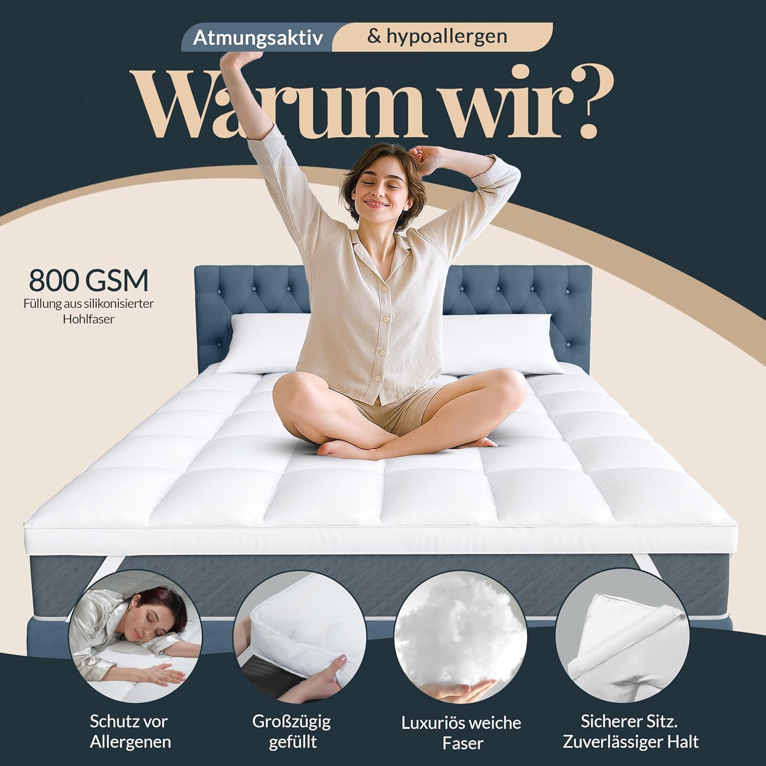 Topper 160x200 cm 5cm 800g/m² Ultra-Comfort Hochwertige Matratzenauflage mit Anti-Rutsch-Ecken