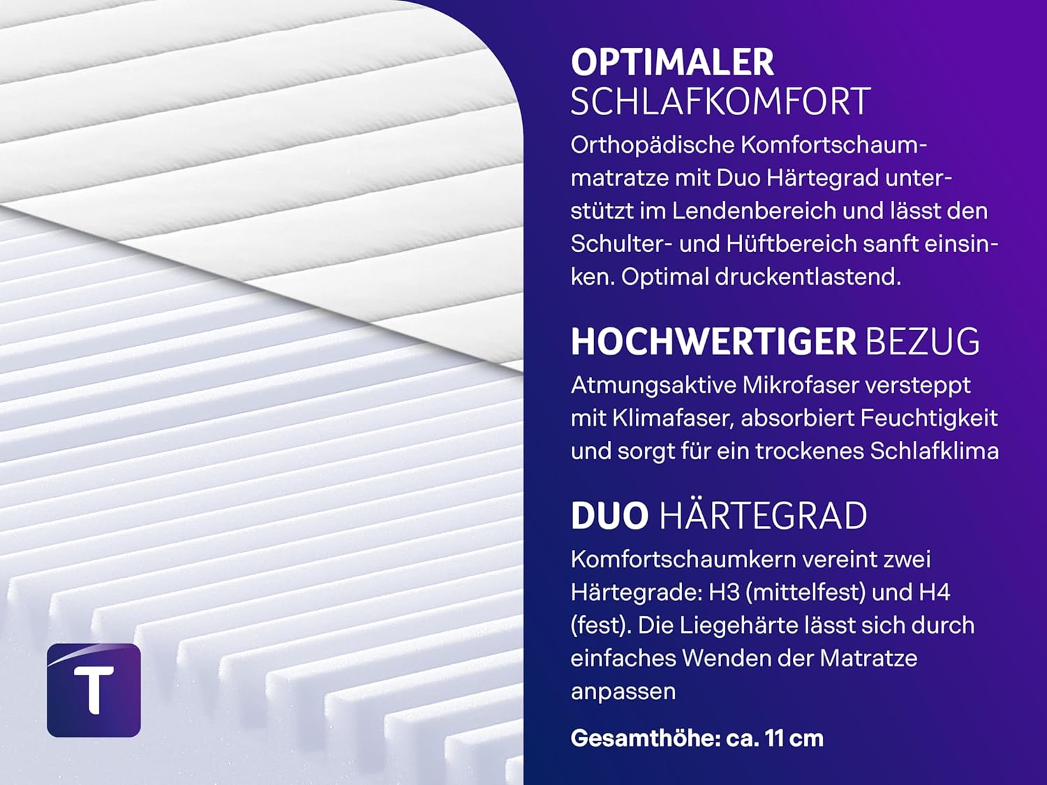 Traumnacht Komfortschaummatratze 7-Zonen H3/H4 11cm, Oeko-Tex, 90x200