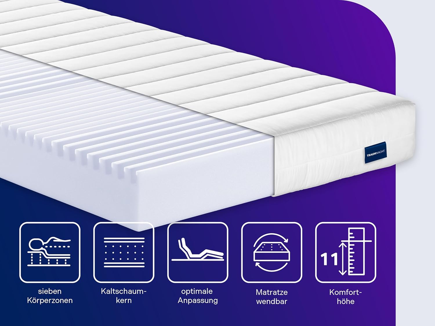 Traumnacht Komfortschaummatratze 7-Zonen H3/H4 11cm, Oeko-Tex, 90x200