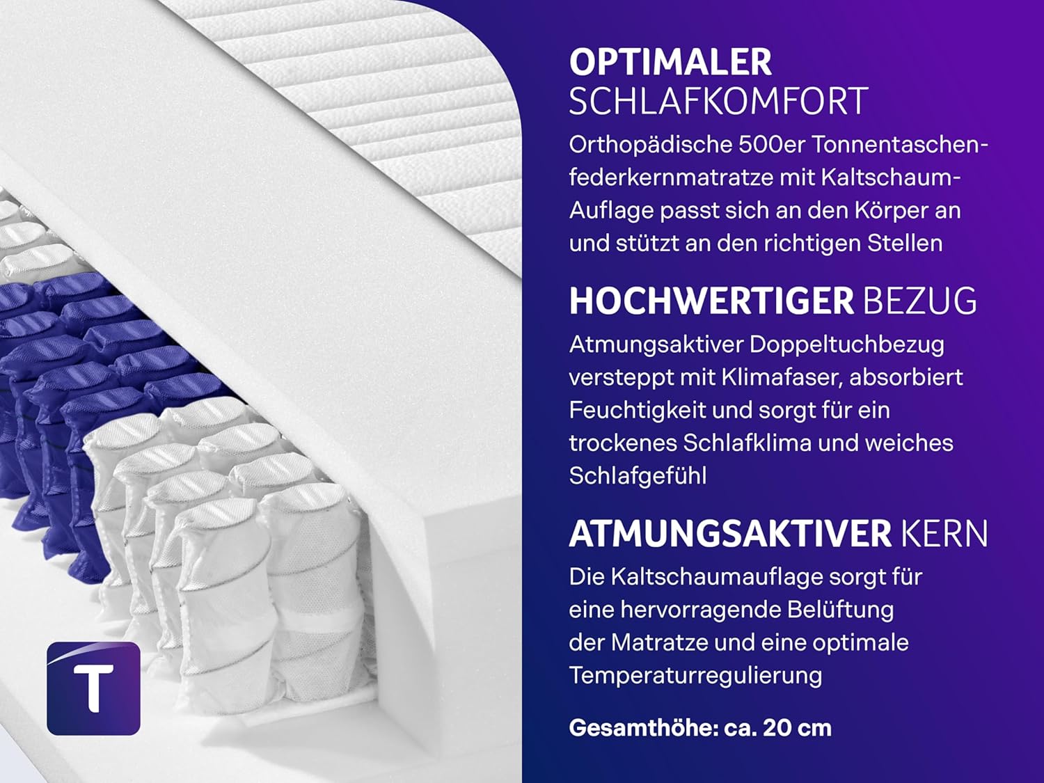 Traumnacht Premium 7-Zonen-Taschenfederkernmatratze H3, 100x200, Oeko-Tex, Made in Germany